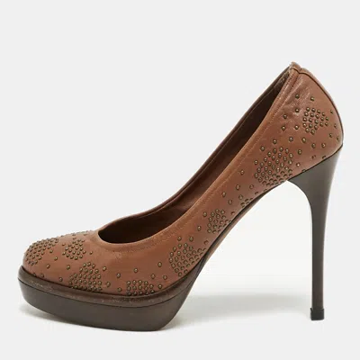 Pre-owned Burberry Brown Leather Studded Platform Pumps Size 38
