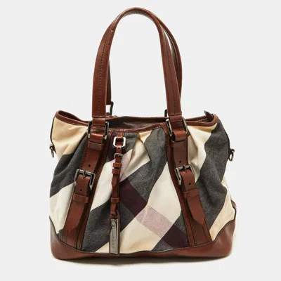 Pre-owned Burberry Brown Mega Check Canvas And Leather Lowry Tote