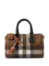 Burberry Dark Birch Brown Chk Check-print Mini Woven And Leather Top-handle Bowling Bag In Brown