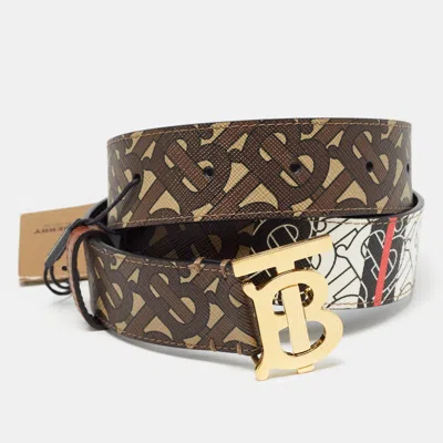 Pre-owned Burberry Brown Monogram Coated Canvas And Leather Tb Buckle Belt S