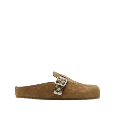 Burberry Urchin Canvas-jacquard Trimmed Textured-suede Clogs In Brown