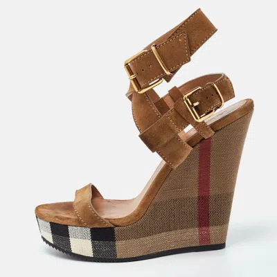 Pre-owned Burberry Brown Nova Check Canvas And Suede Warlow Platform Wedge Sandals Size 38