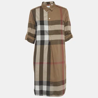 Pre-owned Burberry Brown Nova Check Cotton Shirt Dress L