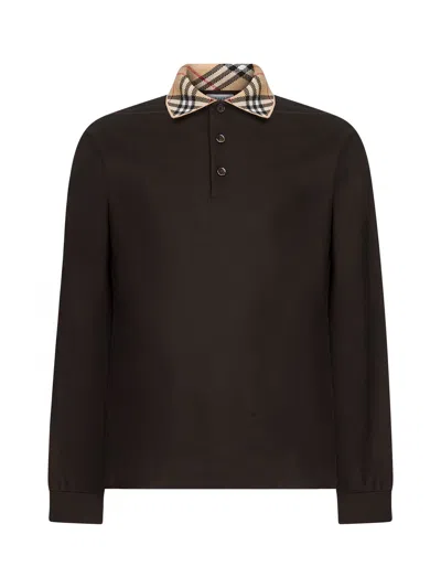 Burberry Brown Pique Check Collar Long-sleeved Polo Shirt In Multi