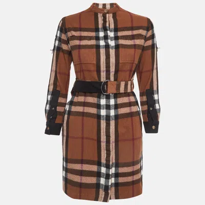 Pre-owned Burberry Brown Plaid Wool Short Shirt Dress Xs