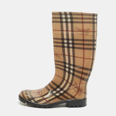 Pre-owned Burberry Brown Pvc House Check Rain Boots Size 37