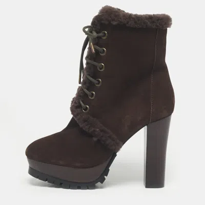 Pre-owned Burberry Brown Shearling And Suede Ankle Length Boots Size 36