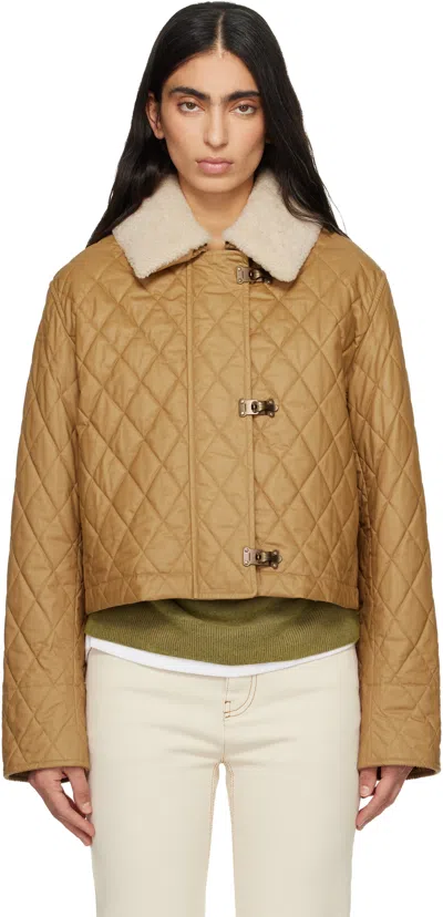 Burberry Cropped Shearling-trimmed Coated-cotton Jacket In Brown