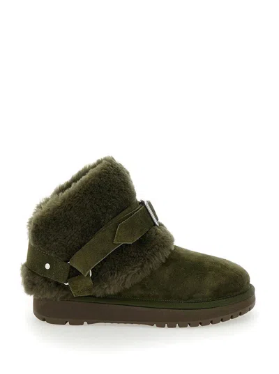 Burberry Snug Green Ankle Boots With Strap In Suede And Shearling In Loch