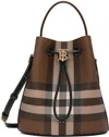 Burberry Logo Plaque Checked Drawstring Shoulder Bag In Dark Birch Brown
