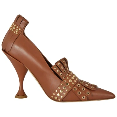 Burberry Brown Studded Kiltie Fringe Leather Point Toe Pumps