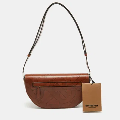 Pre-owned Burberry Brown Tb Embossed Leather Small Olympia Shoulder Bag