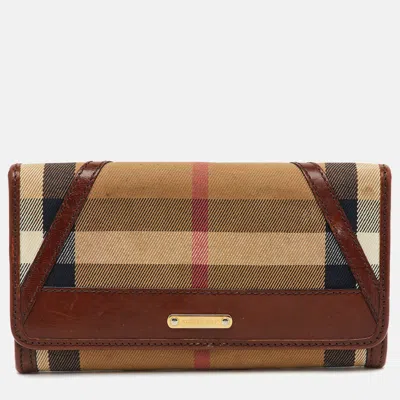 Pre-owned Burberry Brown/beige Fabric And Leather Leighton Continental Wallet