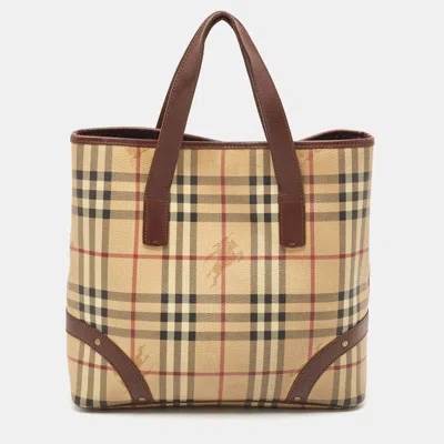 Pre-owned Burberry Brown/beige Haymarket Check Coated Canvas And Leather Studded Tote