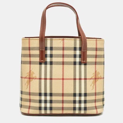 Pre-owned Burberry Brown/beige Haymarket Check Coated Canvas Mini Tote