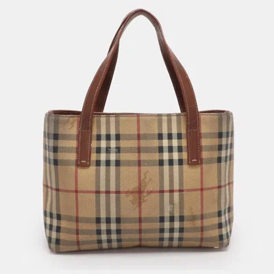 Pre-owned Burberry Brown/beige Haymarket Check Coated Canvas Tote In Sand