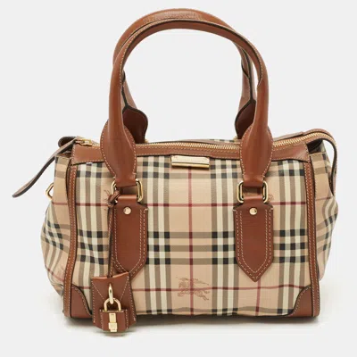 Pre-owned Burberry Brown/beige Haymarket Coated Canvas And Leather Satchel