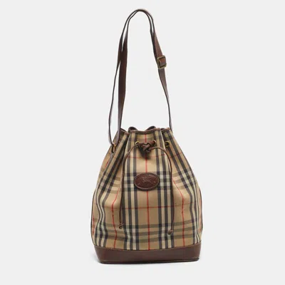 Pre-owned Burberry Brown/beige Haymarket Fabric And Leather Drawstring Bucket Bag