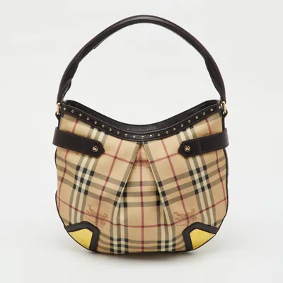 Pre-owned Burberry Brown/beige Haymarket Pvc And Leather Studded Hartley Hobo