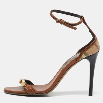 Pre-owned Burberry Brown/beige House Check Canvas And Leather Ankle Strap Sandals Size 38