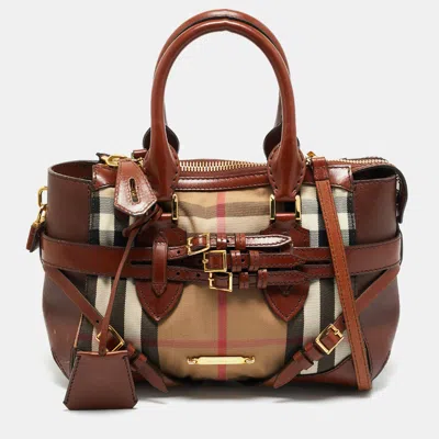 Pre-owned Burberry Brown/beige House Check Canvas And Leather Bridle Lynher Tote