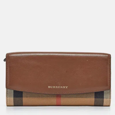 Pre-owned Burberry Brown/beige House Check Canvas And Leather Flap Continental Wallet