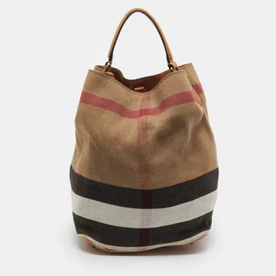 Pre-owned Burberry Brown/beige House Check Canvas Leather Susanna Bucket Bag