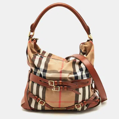 Pre-owned Burberry Brown/beige House Check Fabric And Leather Medium Bridle Gosford Hobo