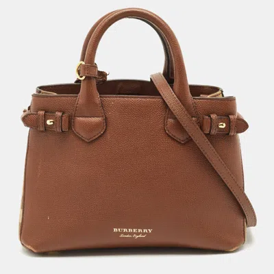Pre-owned Burberry Brown/beige House Check Fabric And Leather Small Banner Tote