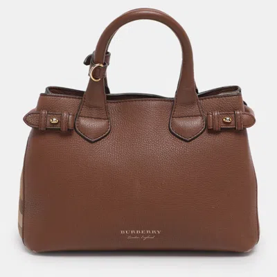 Pre-owned Burberry Brown/beige House Check Fabric And Leather Small Banner Tote
