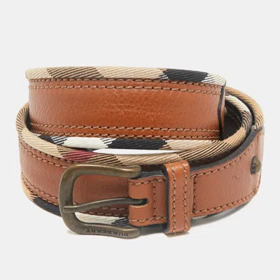 Pre-owned Burberry Brown/beige Housecheck Canvas And Leather Buckle Belt 90cm