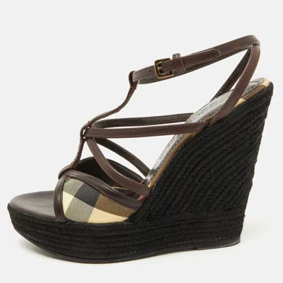 Pre-owned Burberry Brown/beige Leather And Check Pvc Platform Wedge Espadrille Sandals Size 38