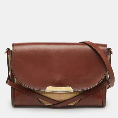 Pre-owned Burberry Brown/beige Leather And Nova Check Canvas Abbott Crossbody Bag