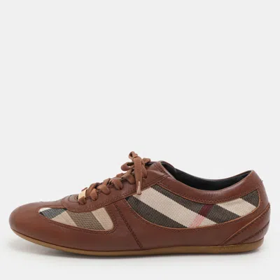 Pre-owned Burberry Brown/beige Leather And Nova Check Canvas Low Top Sneakers Size 36