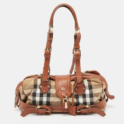 Pre-owned Burberry Brown/beige Quilted House Check Canvas And Leather Buckle Satchel