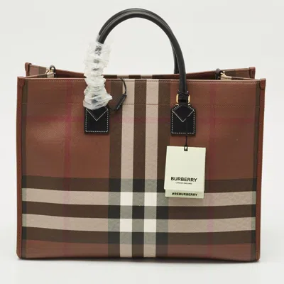 Pre-owned Burberry Brown/black Check Coated Canvas And Leather Medium Freya Tote