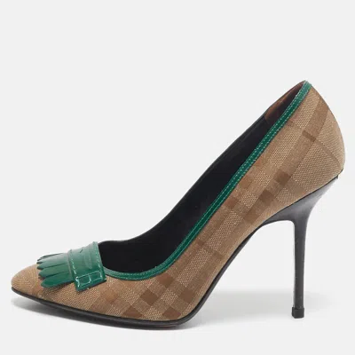 Pre-owned Burberry Brown/green Patent Leather And Canvas Pumps Size 40