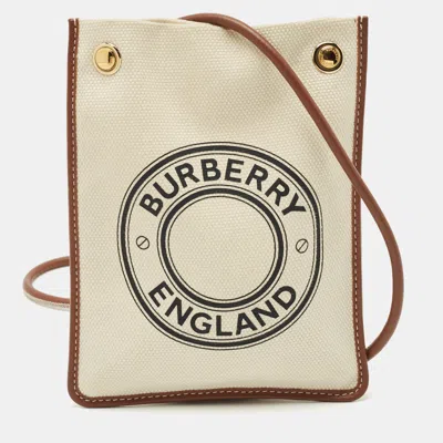 Pre-owned Burberry Brown/off White Canvas And Leather Mini Logo Flat Crossbody Bag