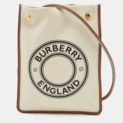 Pre-owned Burberry Brown/off White Logo Canvas And Leather Micro Crossbody Bag