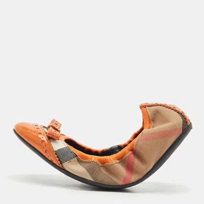 Pre-owned Burberry Brown/yellow Leather And Nova Check Canvas Scrunch Ballet Flats Size 36.5 In Orange