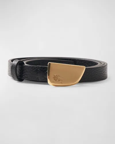 Burberry Brushed Shield Buckled Black Leather Skinny Belt In Black Gold