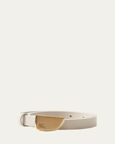 Burberry Brushed Shield Buckled White Leather Skinny Belt In Plaster Gold