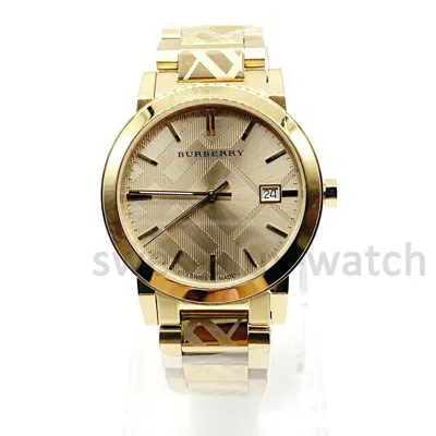 Pre-owned Burberry Bu9038 Unisex Watch Champagne Check Stamped Dial Gold Tone Bracelet