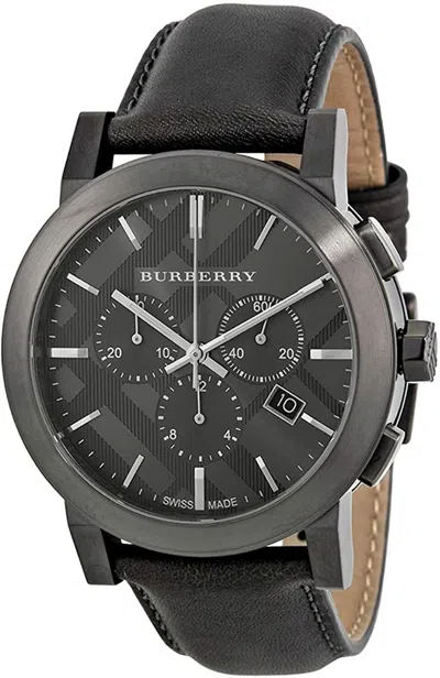 Pre-owned Burberry Bu9364 Men's Dark Grey Dial Leather Chronograph Quartz Watch 42mm