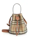 Burberry Drawstring Bucket Bag With Signature Plaid Pattern In Neutral
