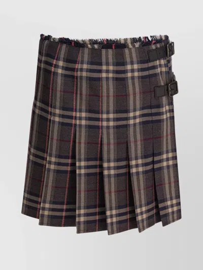 Burberry Buckle Checked Frayed Pleated Skirt In Brown
