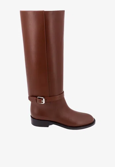 Burberry Buckle-detail Leather Boots In Brown