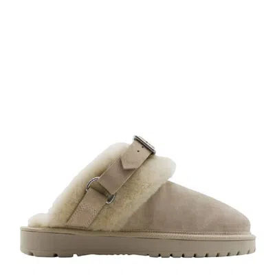 Burberry Buckle Fastening Shearling Suede Mules In Beige
