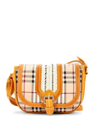 Pre-owned Burberry Buckle Flap Messenger Bag Haymarket Coated Canvas With Braided Leather Small Crossbody Bag In Brown