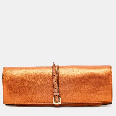 Pre-owned Burberry Buckle Fold Over Metallic Orange Leather Clutch